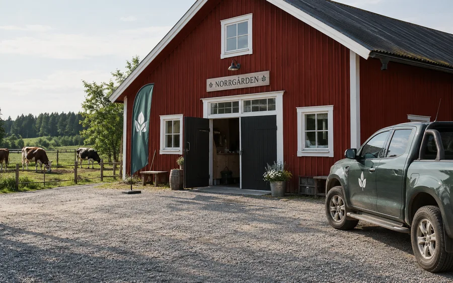 AI-koncept: gårdsbyggnad med skylt, flagga och profildekal på fordon