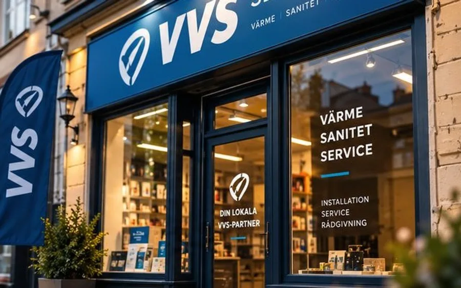 VVS-butik: fasadskylt, flagga och fönsterdekaler