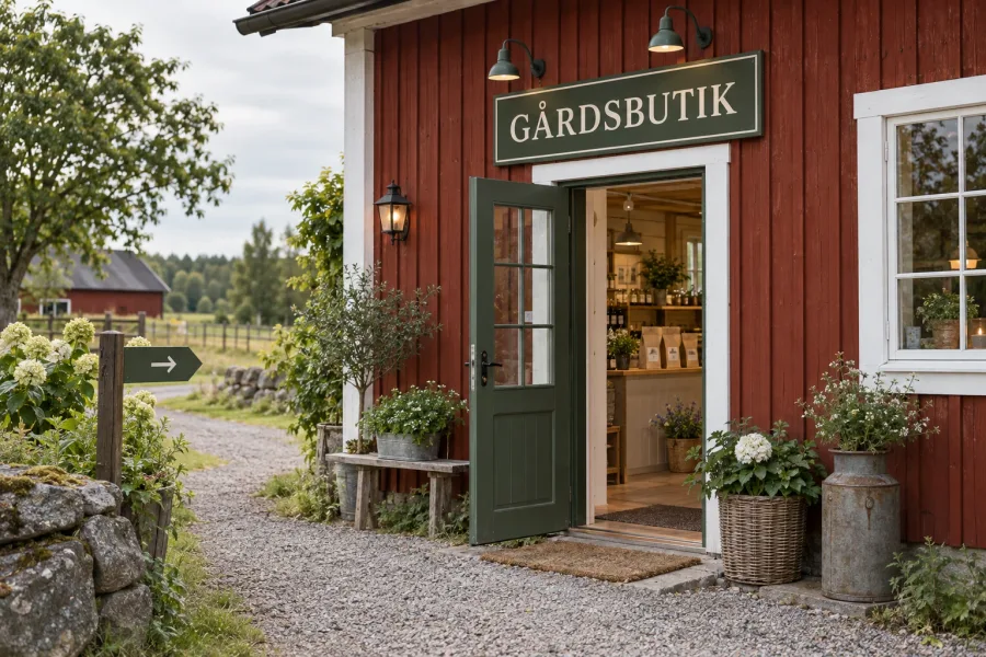 AI-koncept: gårdsbutik med skylt och vägvisning