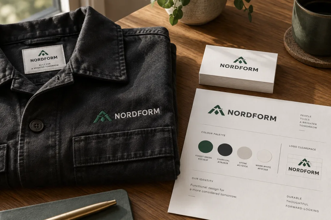 AI-koncept: samma grafiska identitet på arbetsjacka, visitkort och profilmaterial